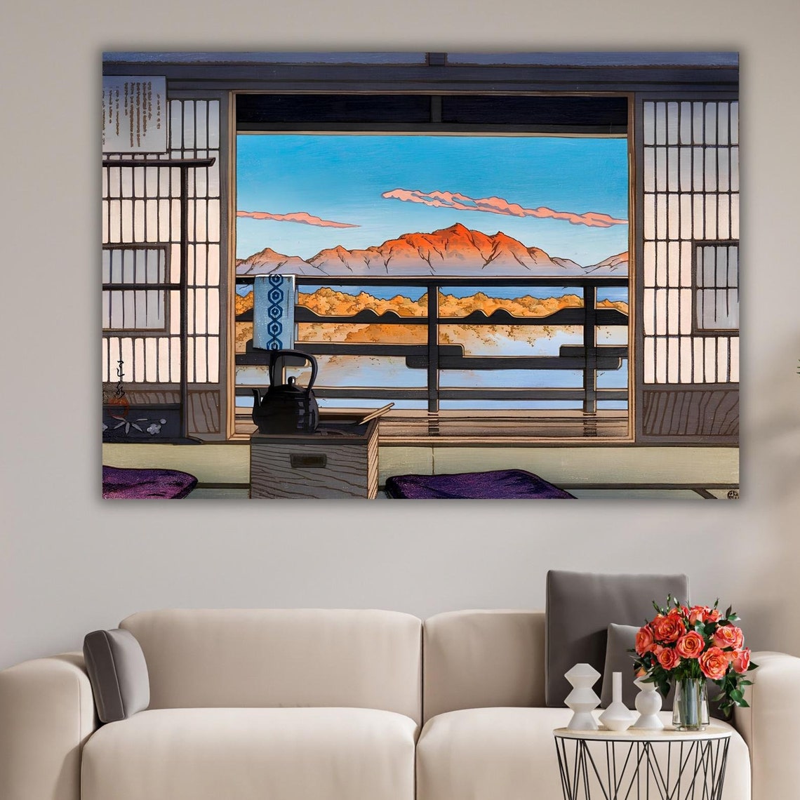 Japanese Mountain View Through Sliding Shoji Doors Tea Kettle Poster