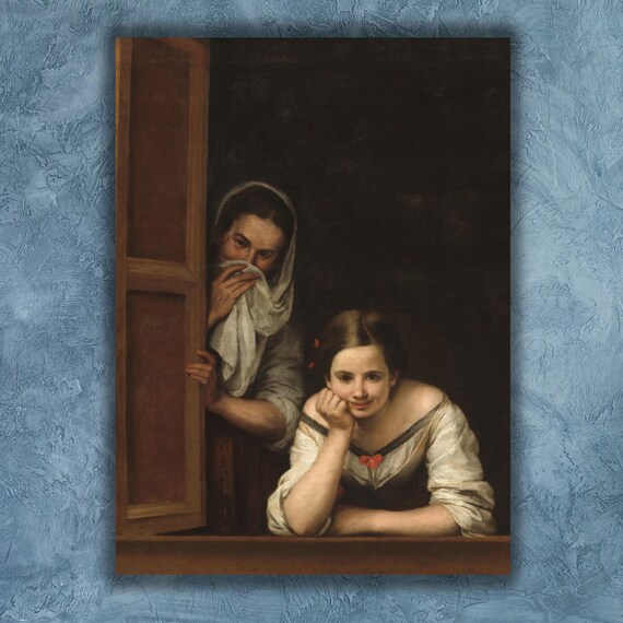 Murillo Two Women at a Window Baroque Girls Laughing Classic Poster