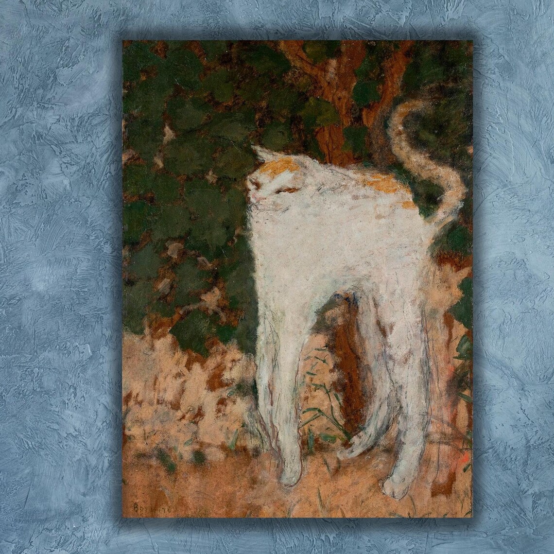 White Cat Stretching by Tree Vintage Impressionist Animal Painting Poster - Image 3
