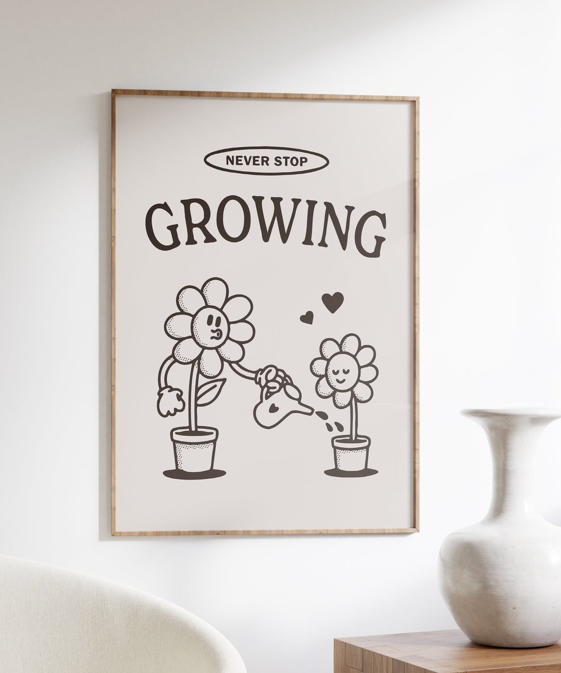 Never Stop Growing Retro Flower Friends Monochrome Quote Poster - Image 4