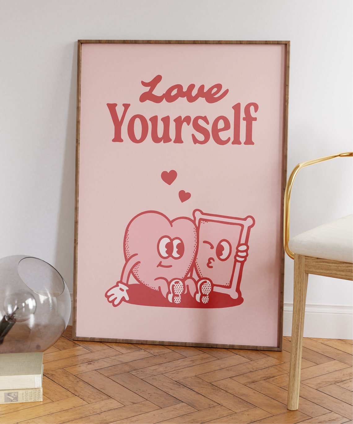 Love Yourself Retro Pink Heart Hugging Mirror Quote Wall Art - Image 5