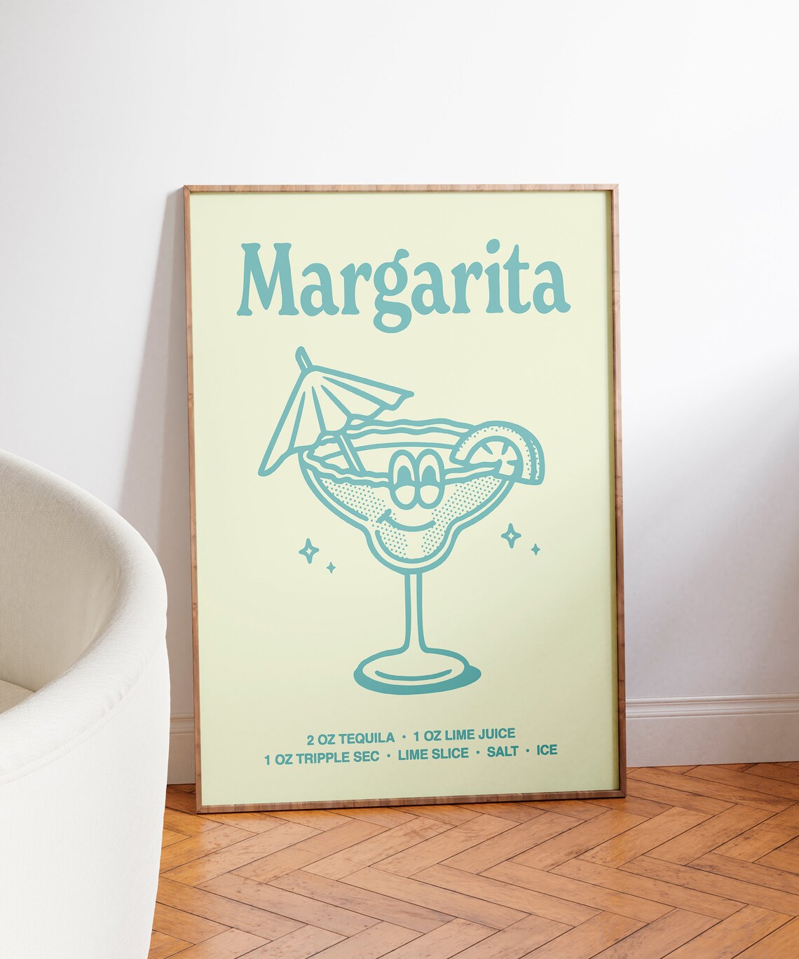 Retro Margarita Glass Smiling Teal Cocktail Recipe Bar Poster - Image 3