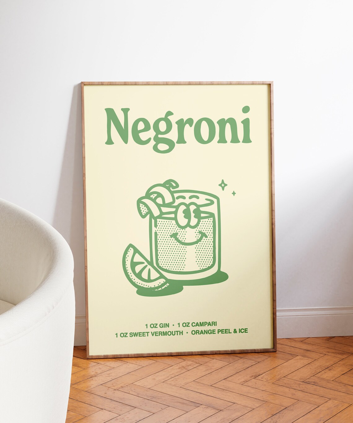 Negroni Cocktail Recipe Green Line Art Kitchen Bar Cart Poster - Image 3
