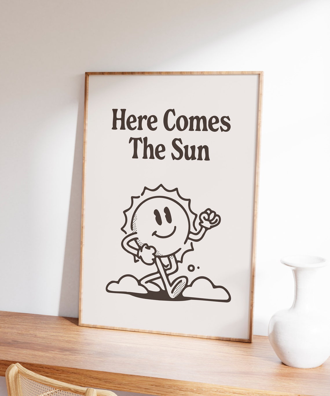 Here Comes The Sun Smiling Sun Character Retro Positive Quote Poster - Image 3