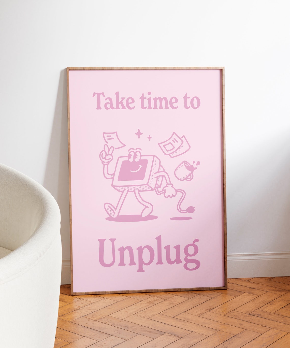 Take Time to Unplug Pink Retro Computer Mascot Self Care Poster - Image 4