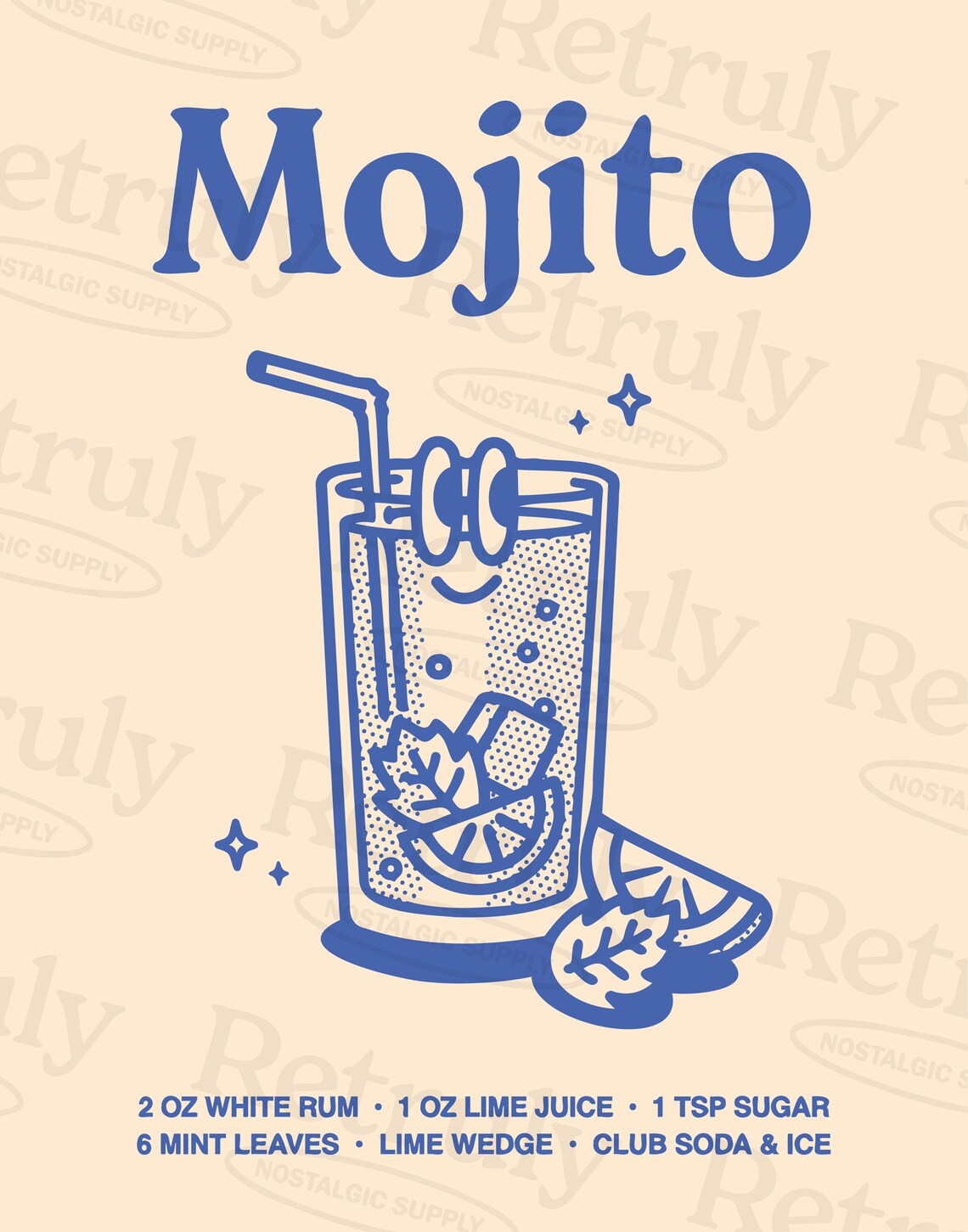 Mojito Cocktail Recipe Blue Line Art Kitchen Bar Cart Poster - Image 2
