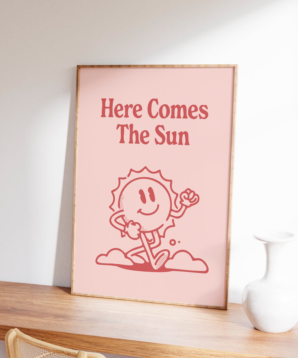 Here Comes The Sun Pink Smiling Sun Character Retro Quote Poster - Image 6