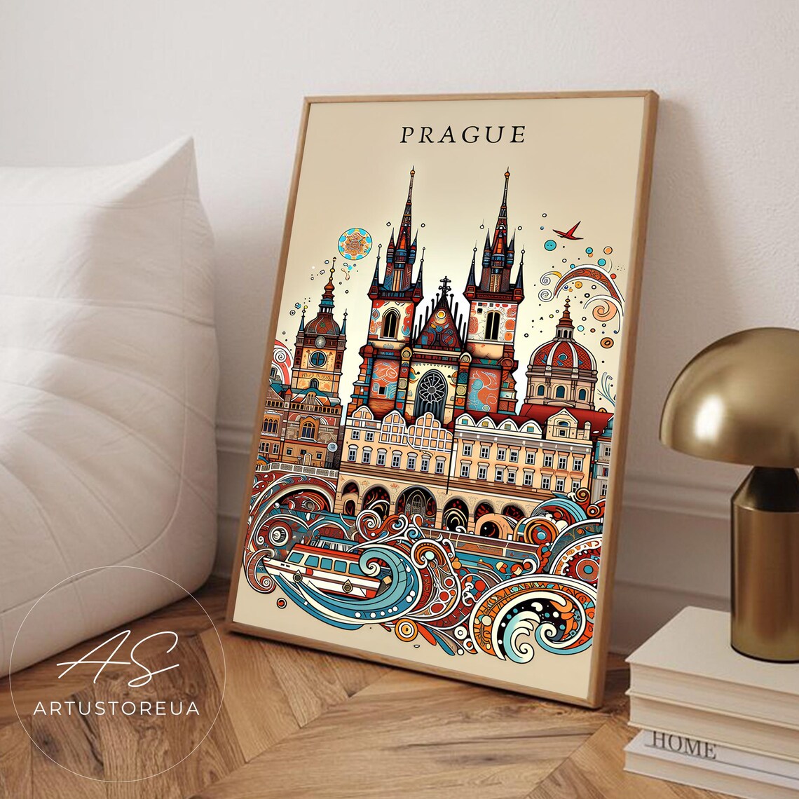 Prague Travel Poster With Old Town Tyn Church Whimsical Illustration