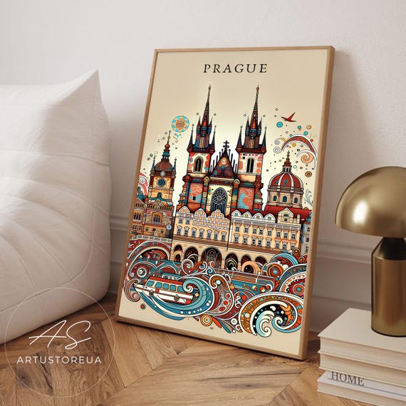 Prague Print Old Town Travel Poster Czech Republic Illustration Gift Wall Art
