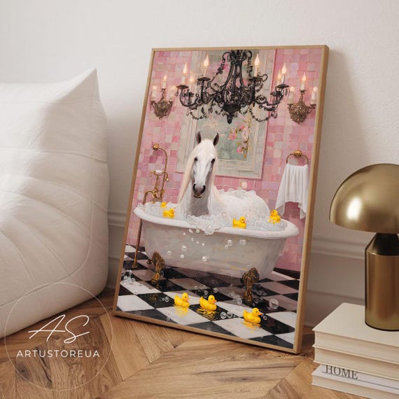 Whimsical White Horse Bath Time Art Vibrant Illustration Of A Relaxed Soaking In Clawfoot Tub Pink Tiled Bathroom Bathtub