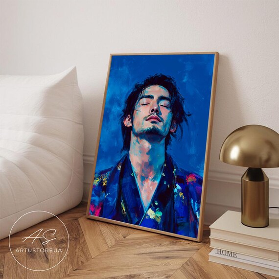 Portrait of a Man in a Blue Kimono With Eyes Closed Painterly Poster