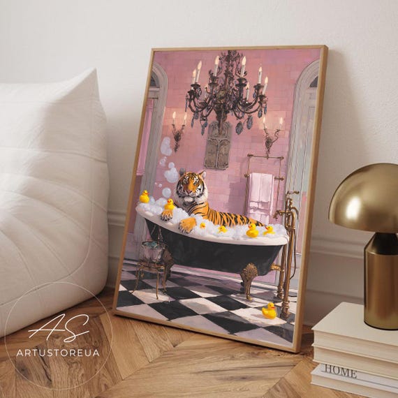 Whimsical Tiger Bath Time Art Vibrant Illustration Of A Relaxed Soaking In Clawfoot Tub Pink Tiled Bathroom Bathtub Print