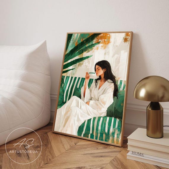 Woman With Tea Art Green Striped Couch Print Emerald Abstract People Wall Contemporary Artwork Minimalist Coffee Lover