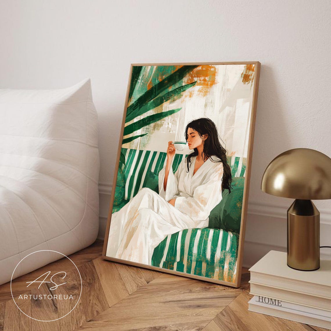 Woman With Tea Art Green Striped Couch Print Emerald Abstract People Wall Contemporary Artwork Minimalist Coffee Lover