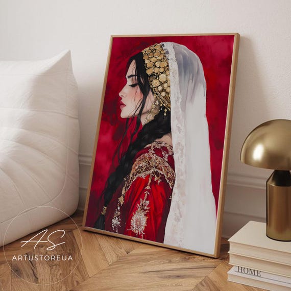 Woman Portrait Print Middle Eastern Feminine Red Wall Art Ethnic Beauty Embroidered Costume