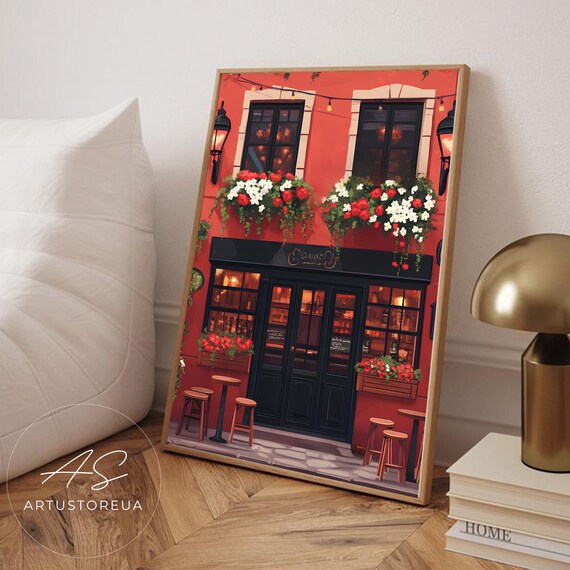 Irish Pub Poster European Pastel Art Print Wall Vintage Cozy Red Facade