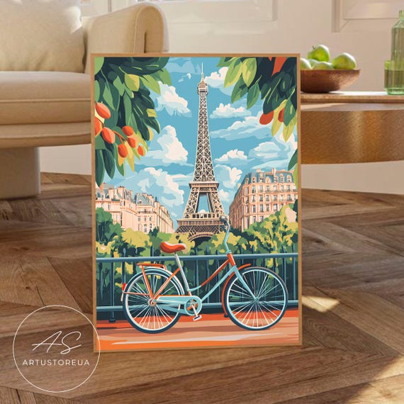 Paris Print Day With Iconic Tower And Bike French Wall Art Travel Poster Colorful Cityscape Illustration