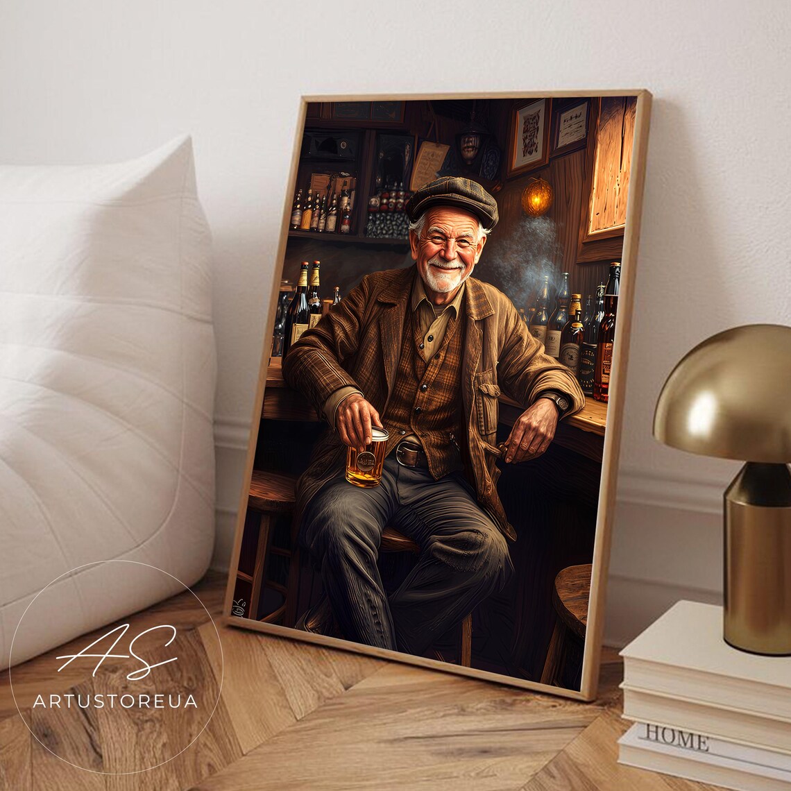 Old Man With Beer Smiling In Cozy Vintage Pub Portrait Poster