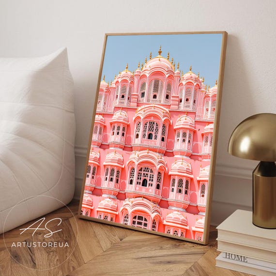 India Print Pink Palace Poster Travel Art Cultural Heritage Jaipur Gift Illustration