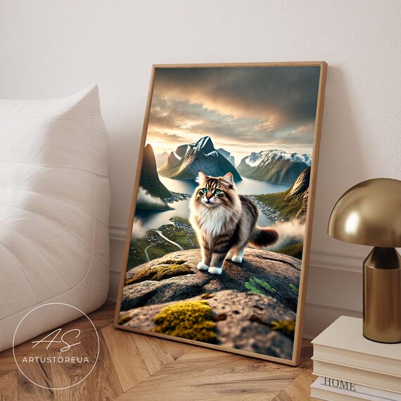Fluffy Long Haired Cat Overlooking Nordic Fjord Sunset Mountain Poster