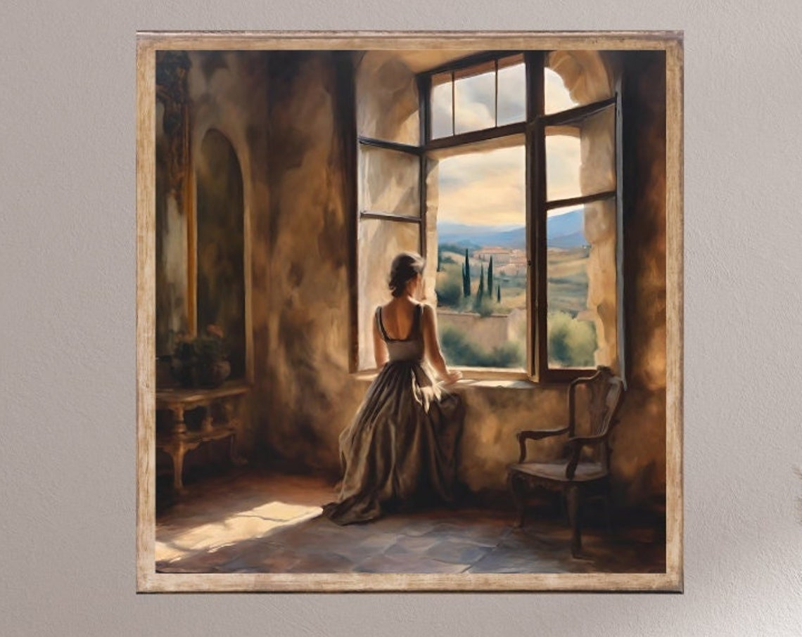 Vintage Art Print Woman In Window Art Vintage Aesthetic Art Moody Portrait Painting Vintage Portrait Dark Academia Print
