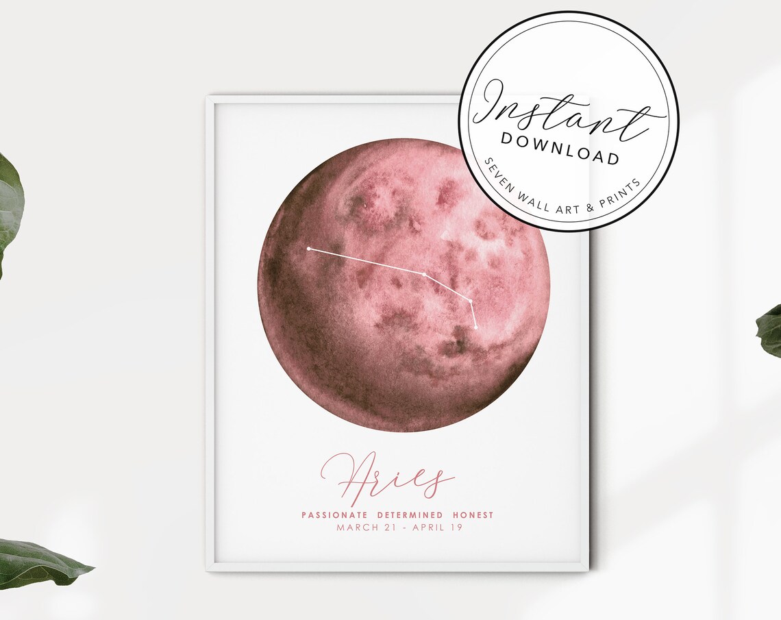 Aries Zodiac Constellation Pink Moon Watercolor Horoscope Print Poster