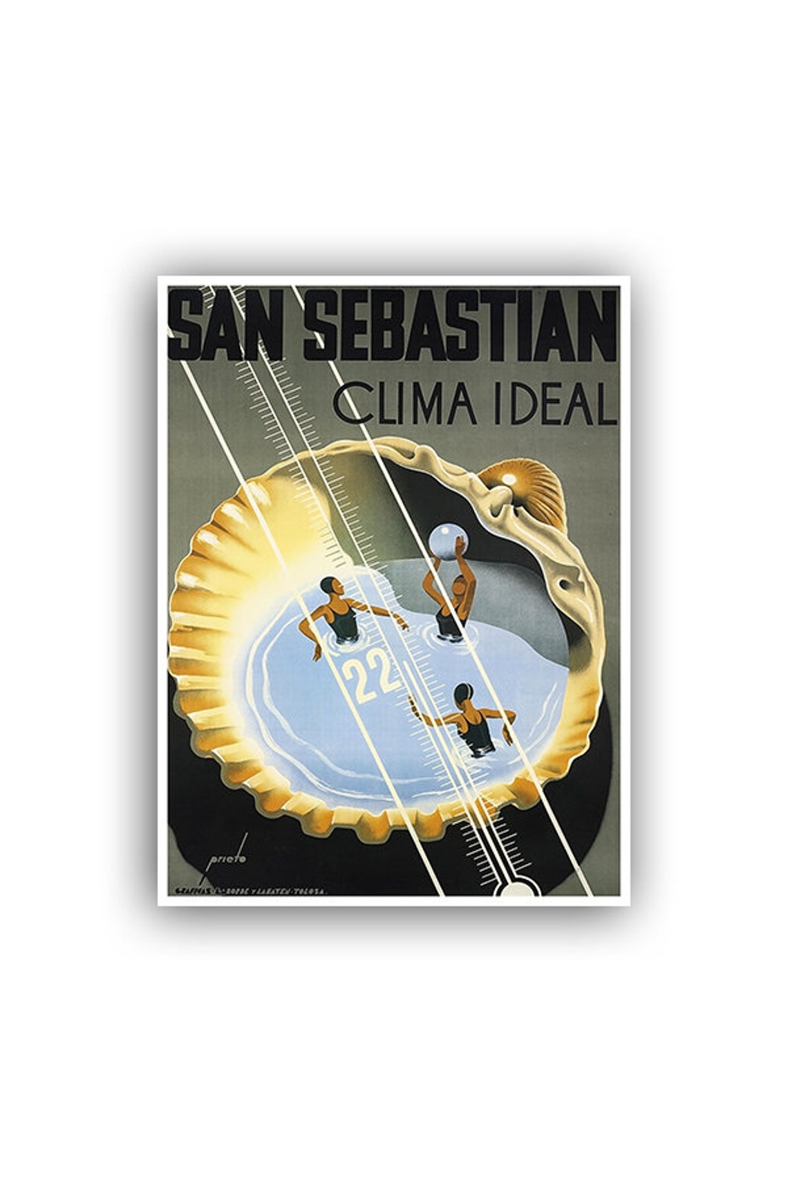San Sebastian Clima Ideal Shell Swimmers Vintage Spain Poster