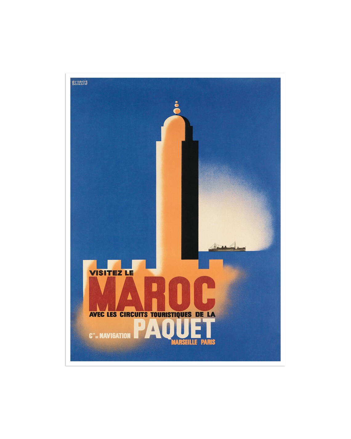 Visitez Le Maroc Paquet Line Tower Ship Vintage Travel Poster