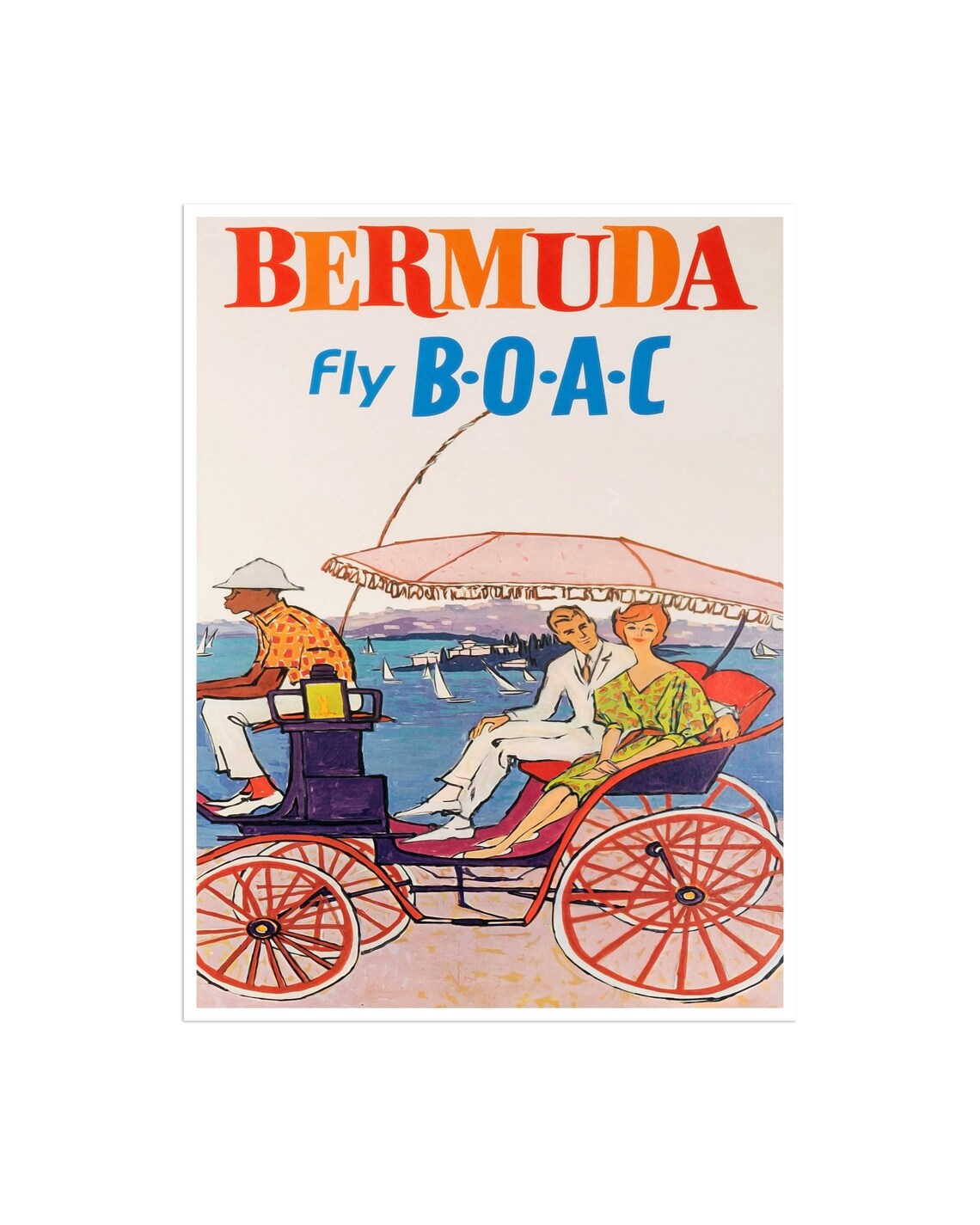 Bermuda Fly BOAC Vintage Horse Carriage Harbor Travel Poster