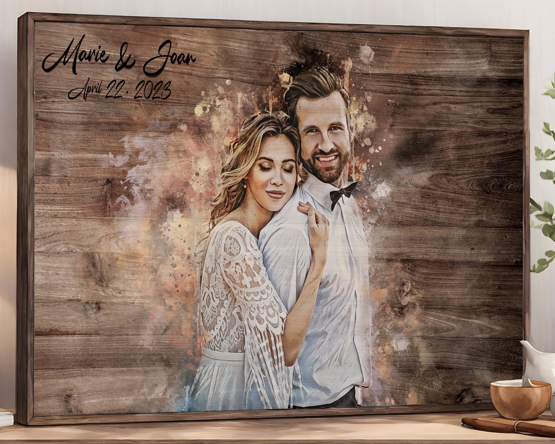 Rustic Wood Style Wedding Couple Portrait With Names and Date Poster - Image 2