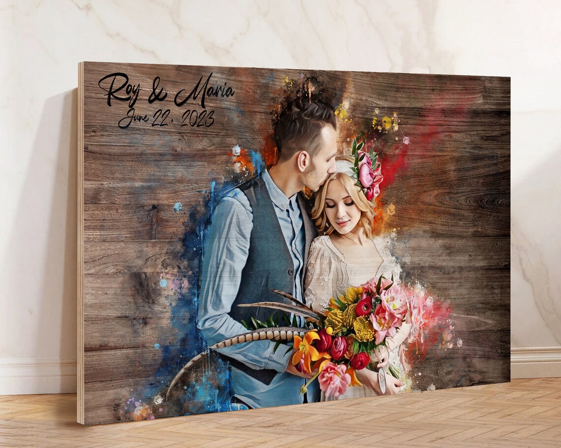 Marie and Joan Watercolor Couple Portrait Date Dark Wood Poster - Image 2