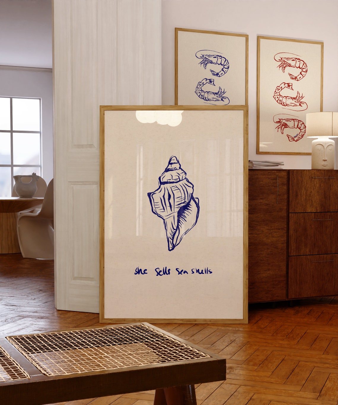 She Sells Sea Shells Navy Conch Shell Line Art Coastal Poster - Image 3