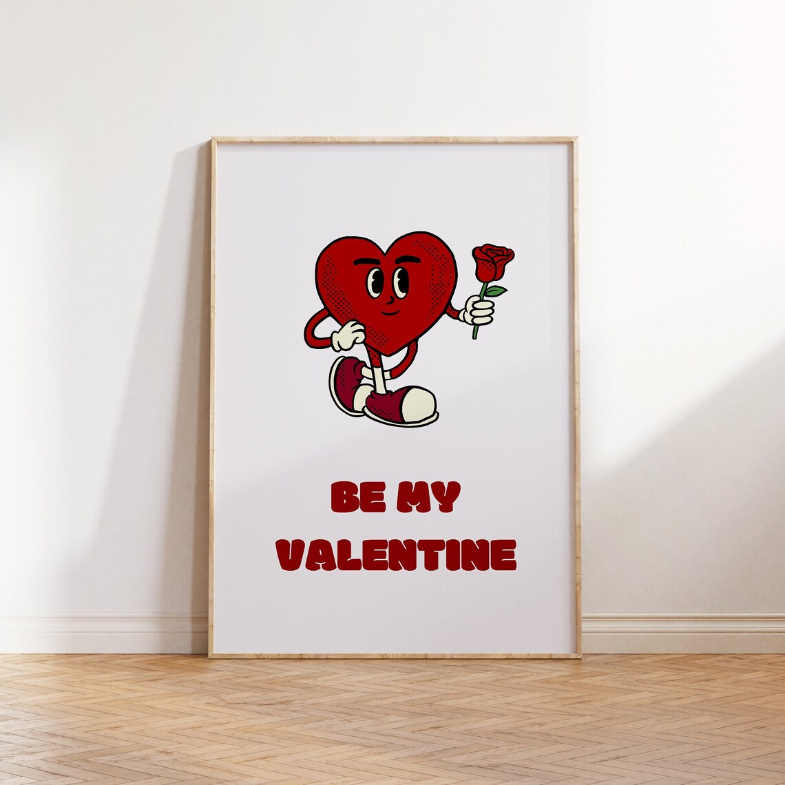 Be My Valentine Red Retro Cartoon Heart Rose Classic Love Poster