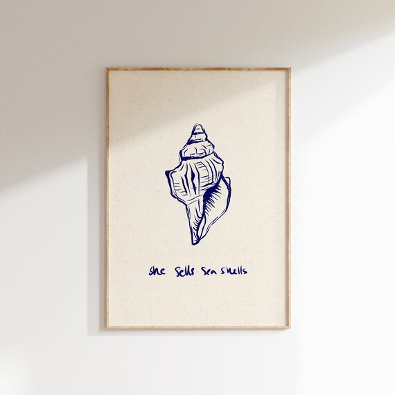 She Sells Sea Shells Navy Conch Shell Line Art Coastal Poster