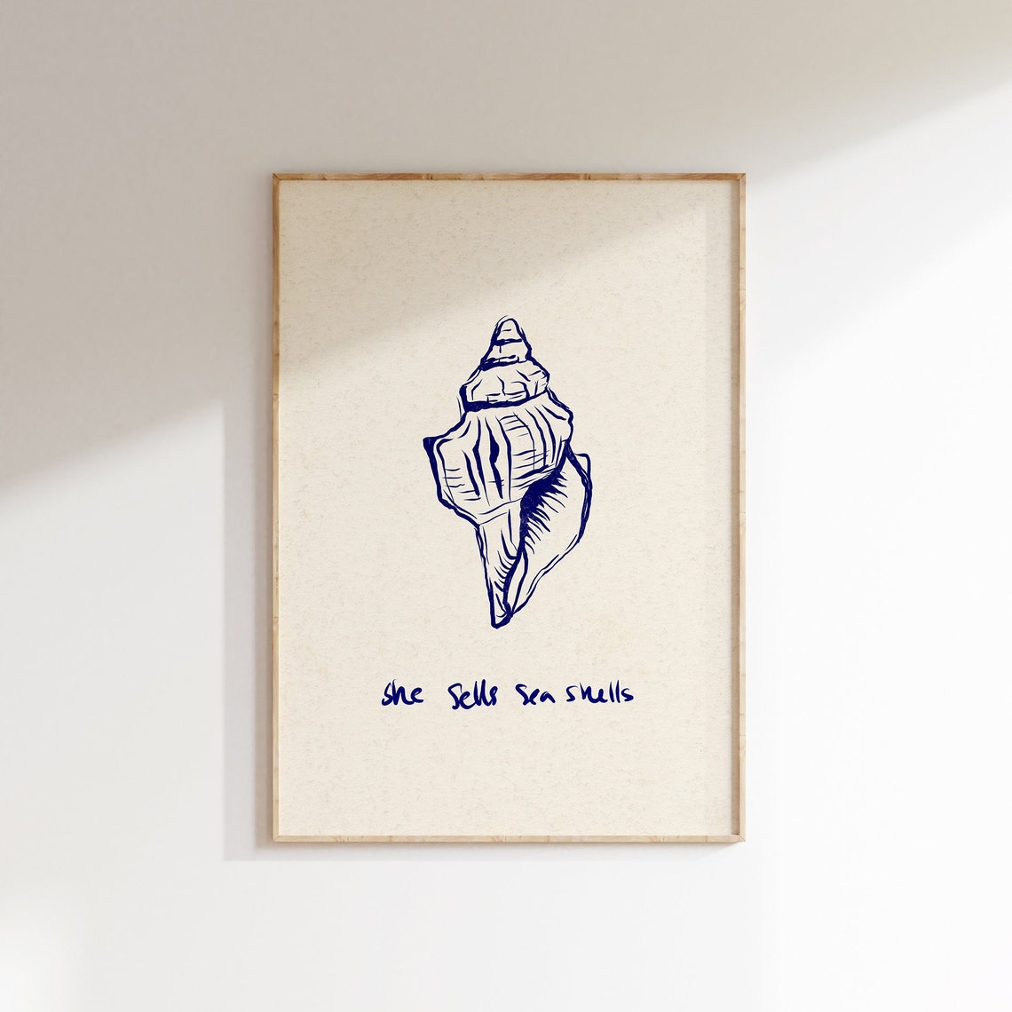 She Sells Sea Shells Navy Conch Shell Line Art Coastal Poster