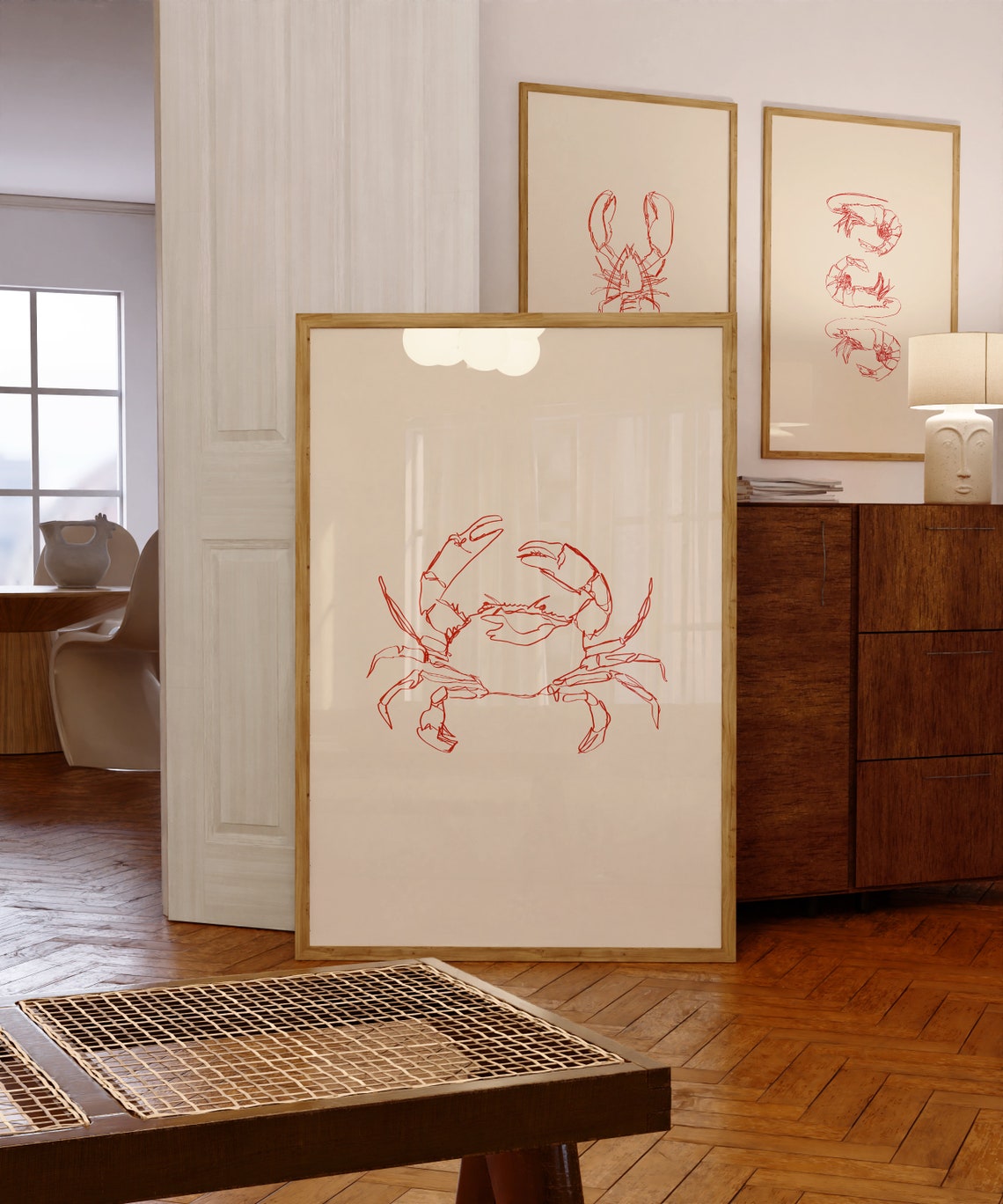 Red Crab Line Art Minimalist Seafood Coastal Kitchen Decor Poster - Image 2
