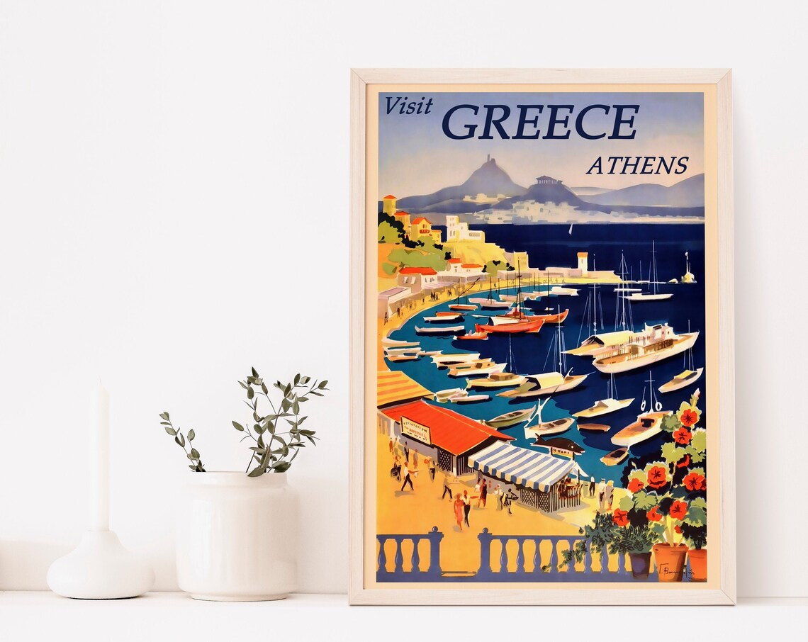 Visit Greece Athens Harbor Boats Vintage Mediterranean Travel Poster
