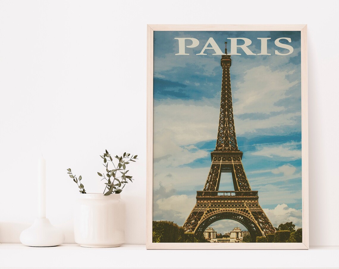 Paris Eiffel Tower Vintage Photo Blue Sky Retro Travel Poster Art
