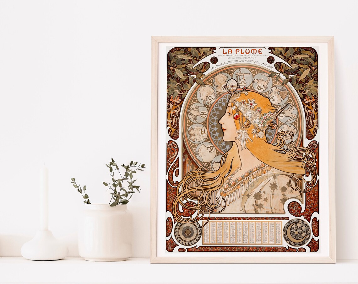Alphonse Mucha La Plume Art Nouveau Zodiac Woman Gold Art Poster