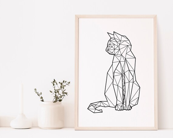 Geometric Cat Low Poly Line Art Minimalist Modern Bedroom Wall Art