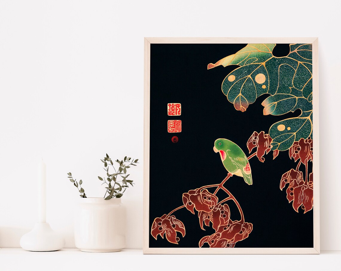 Ito Jakuchu Green Parrot On Branch Japanese Woodblock Art Poster