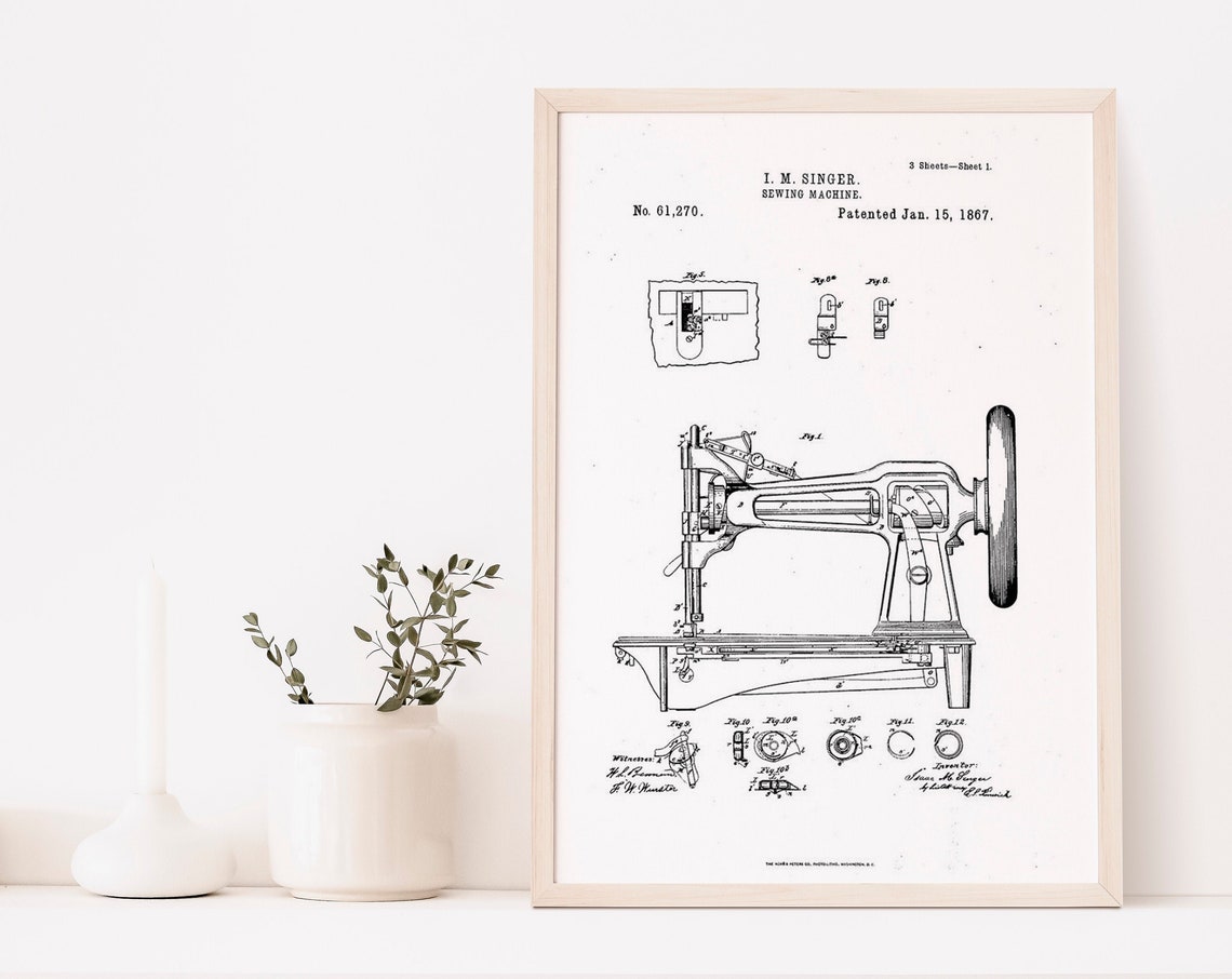 Singer 1867 Sewing Machine Patent Blueprint Vintage Stitch Art Poster