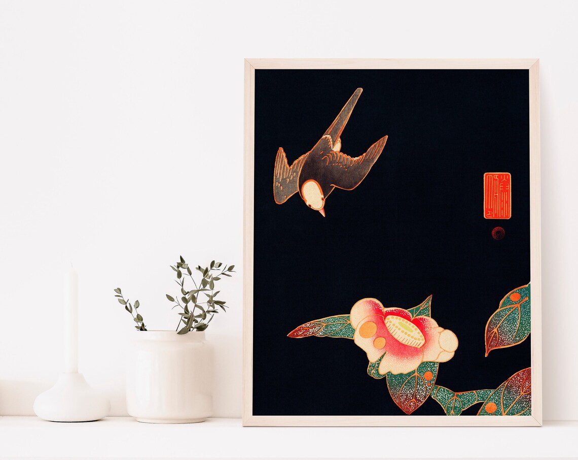 Ito Jakuchu Swallow And Camellia Japanese Woodblock Style Poster