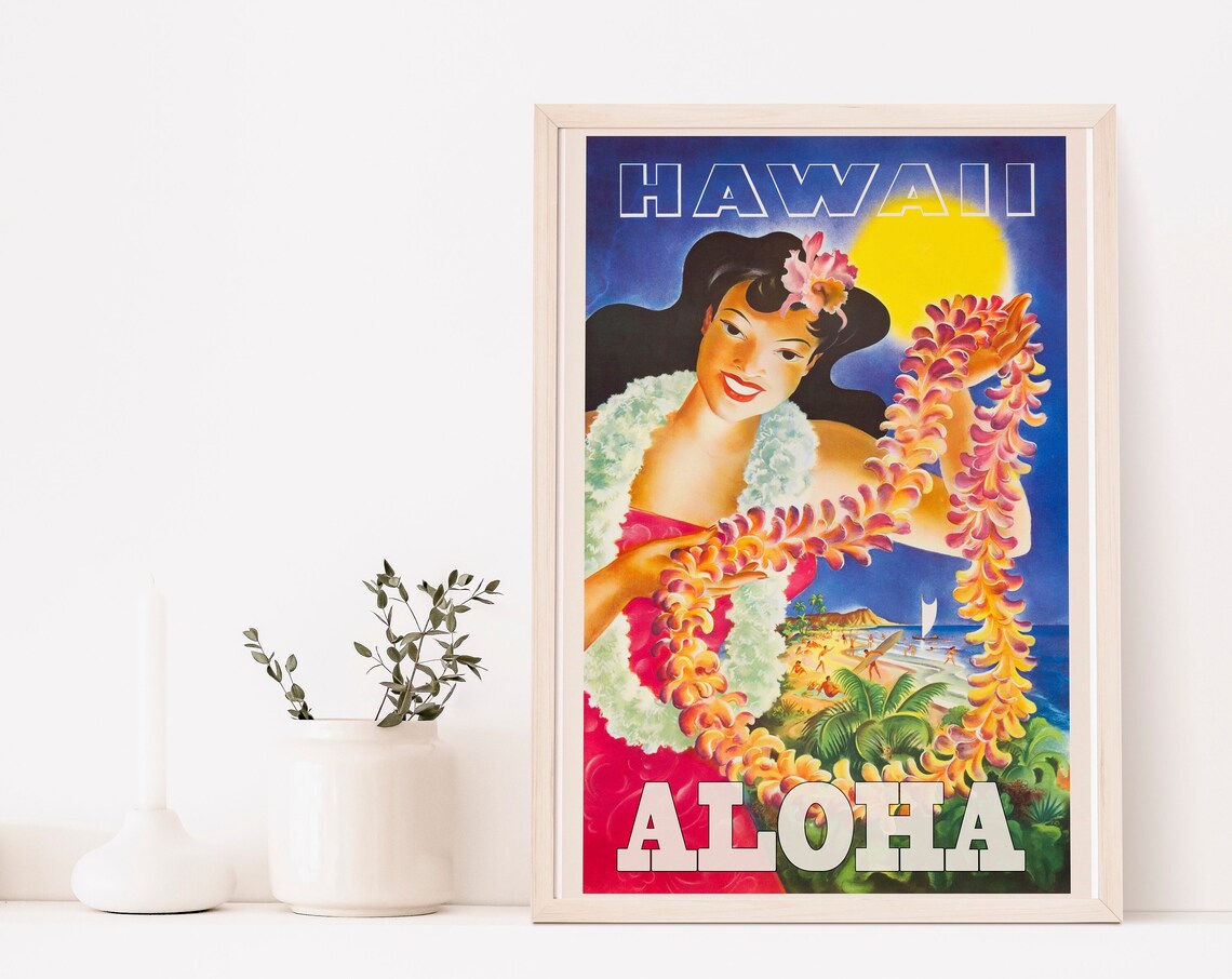 Hawaii Aloha Lei Girl Beach Sunset Vintage Hawaiian Travel Poster