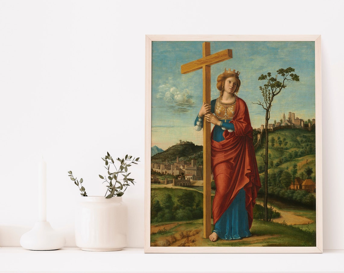 Saint Helena Renaissance Painting Red Robe Woman Wooden Cross Poster