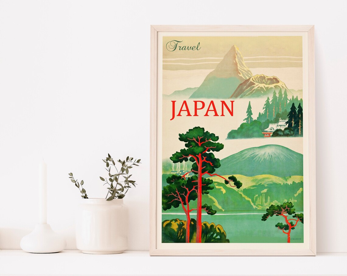 Travel Japan Mount Fuji Pagoda Red Pine Vintage Travel Poster Art