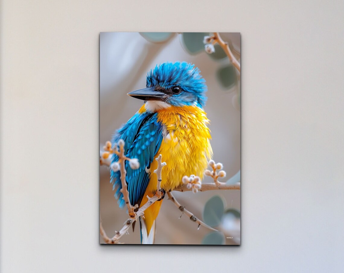 Malachite Kingfisher On Branch Vibrant Blue Yellow Bird Photo Wall Art