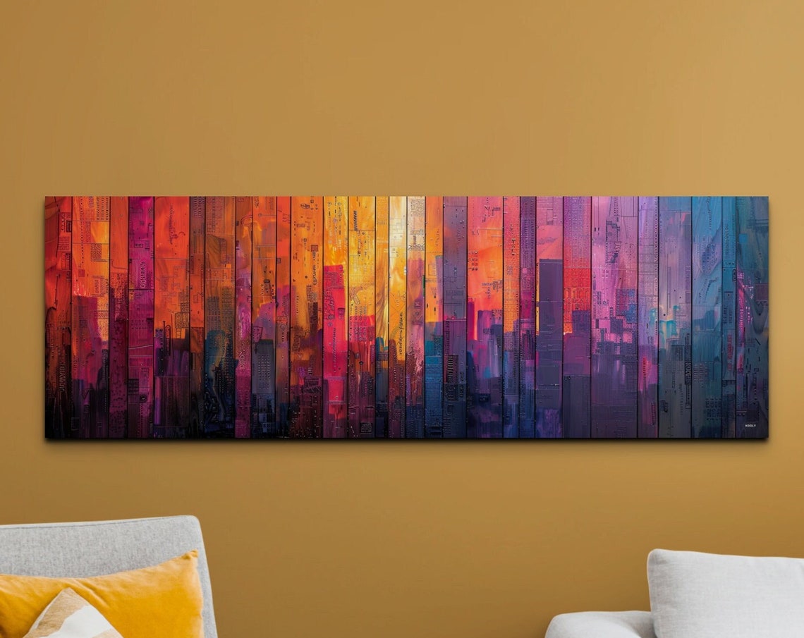 Colorful Urban Skyline Collage On Painted Wood Planks Wall Art