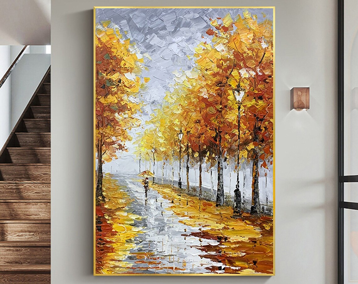 Rainy Autumn Street with Umbrella Golden Trees Oil Painting Poster