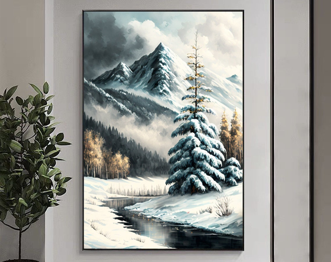Snowy Winter Mountain Stream with Frosted Pine Trees Scene Poster